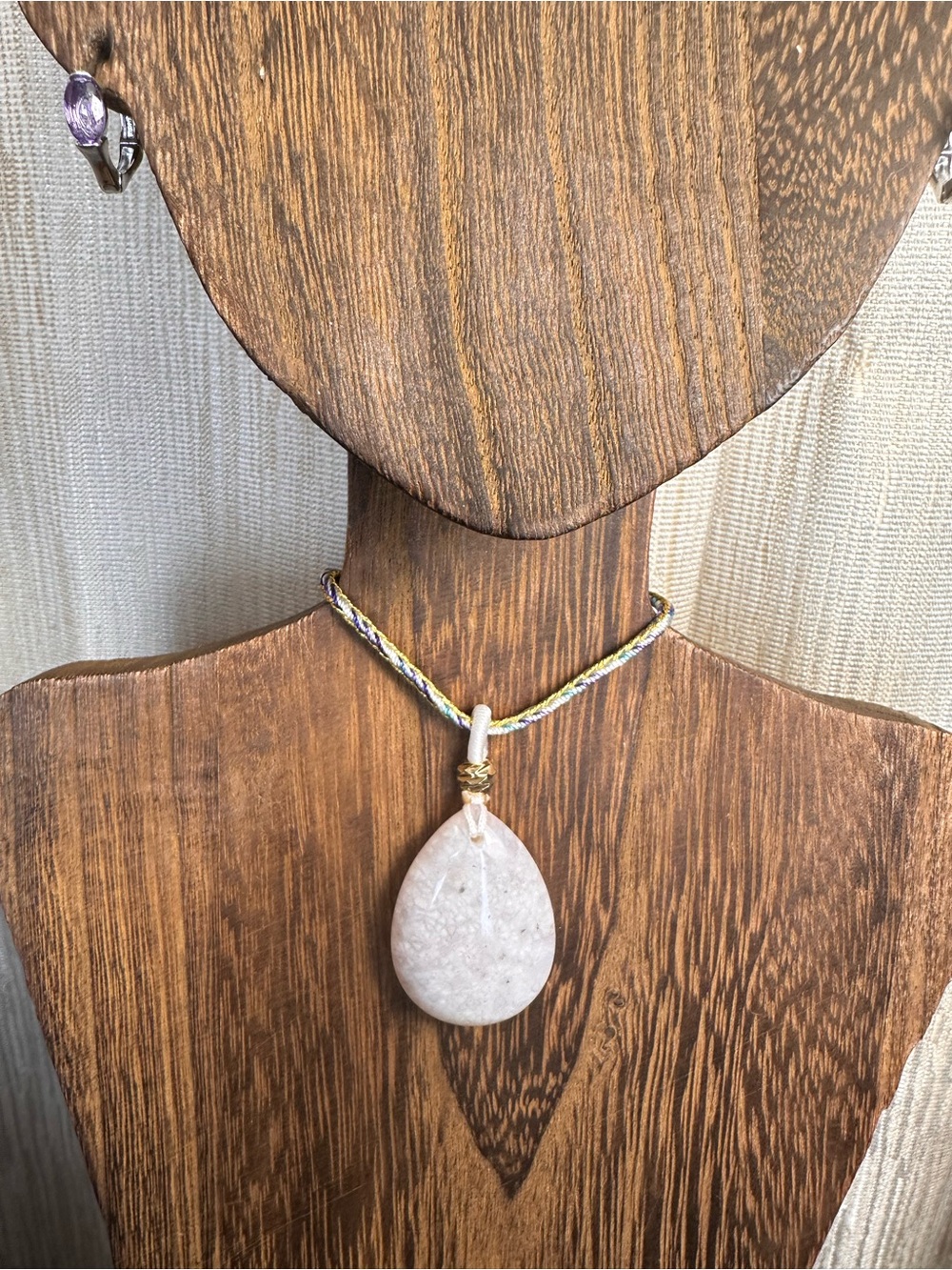 White Coral Fossil Teardrop Pendant Necklace on Blue and Gold Rope - Picture 9 of 13